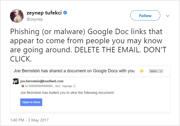 Twitter post about Google doc malware